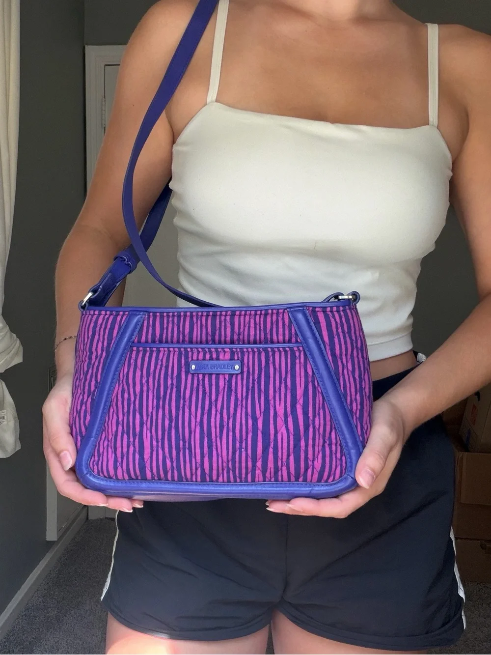 Vera Bradley Trimmed Trapeze Pink & Purple Striped Patterned Shoulder Bag